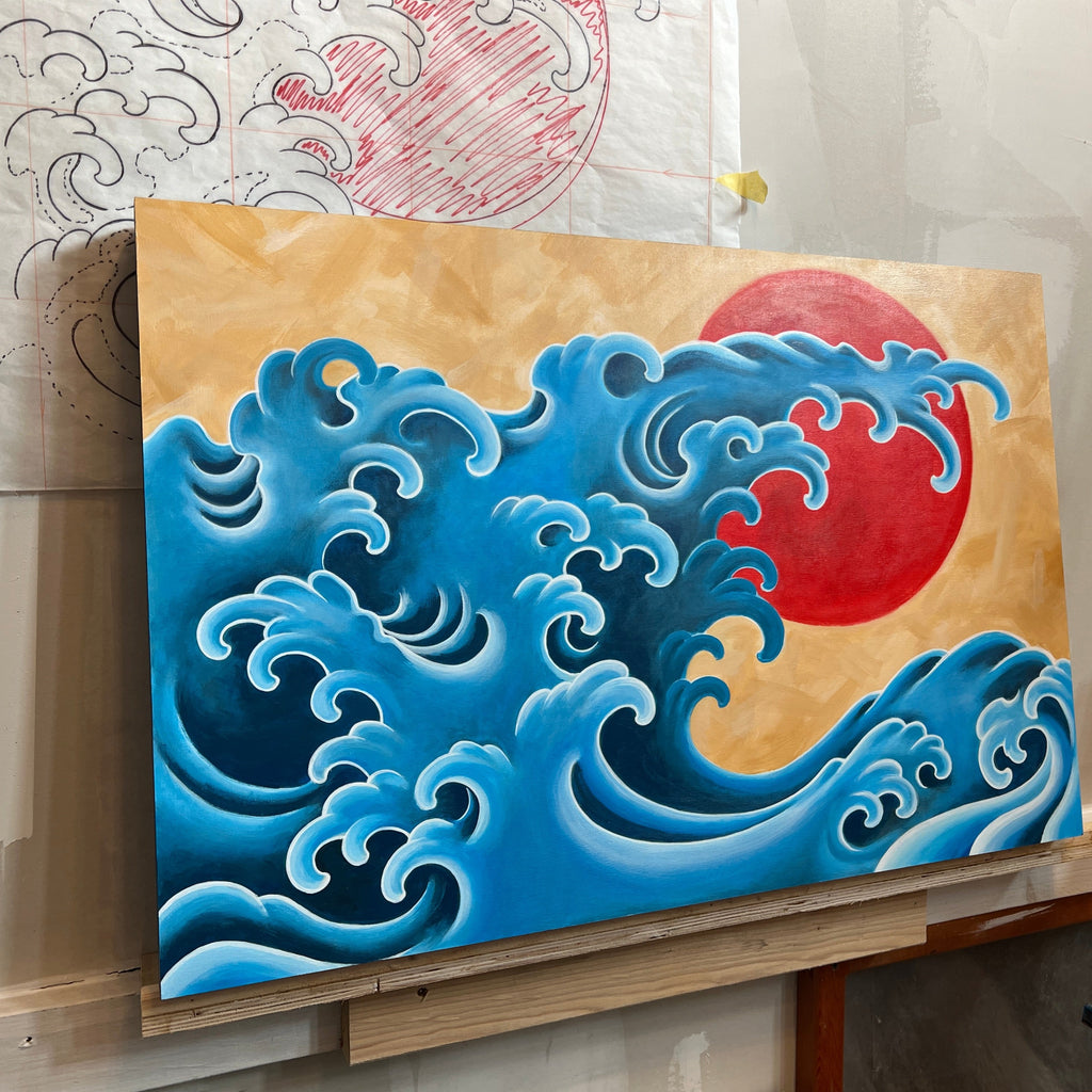 Crashing wave and sunset